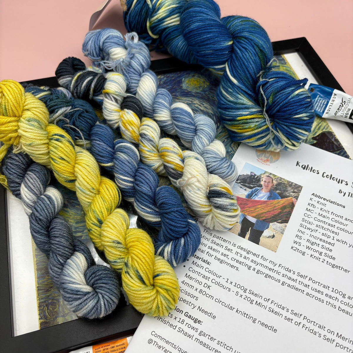 Kahlo's Colours Shawl Kit - Knitting- 5 x 20g Mini Skeins & 100g with pattern - Merino DK